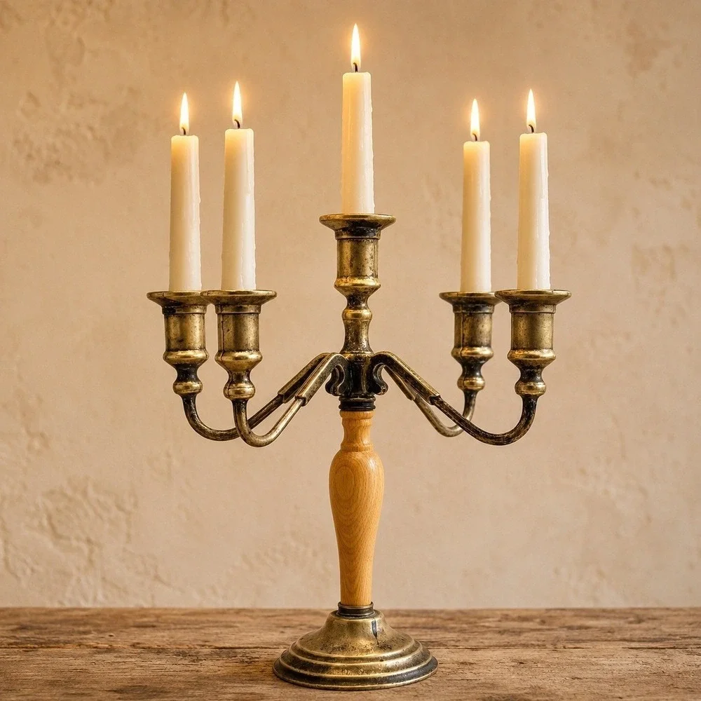 Vintage Italian Brass Wood 5 Arm Candelabra Candle Holder Made in Italy 12